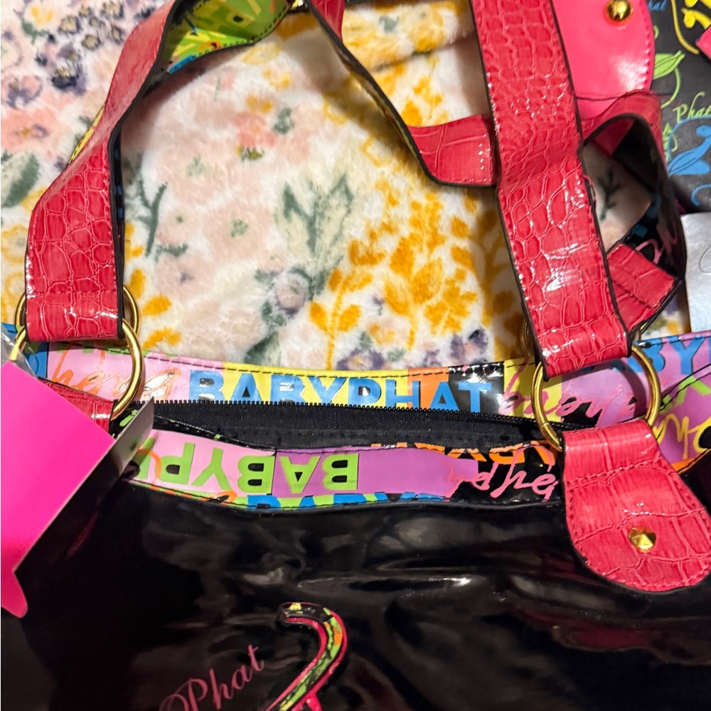 Baby Phat Black Patent Tote and Wallet with Hot Pink Trim & Multicolor Logo - Picture 4 of 16